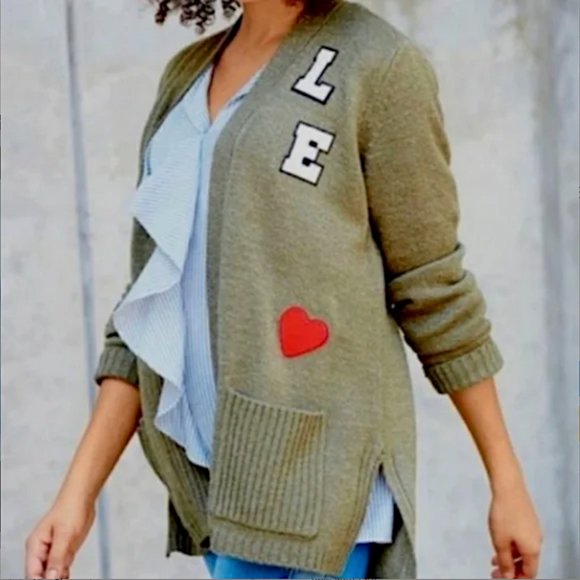 Libby Edelman Cardigan Green Open Front Pockets Applique Knit Sweater SMALL - Picture 3 of 11